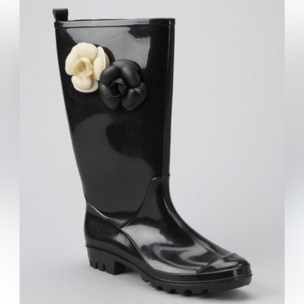 Capelli NY Black Rain Boots with Floral Accents size 10